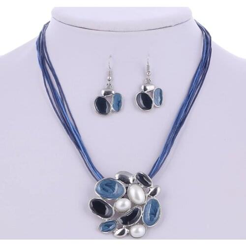ZOSHI New Gem Flower Jewelry Set Multilayer Leather Necklace Earrings African Jewelry Wedding Bridal Pendant Dress Accessories