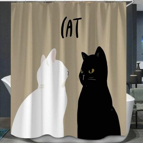 Beauty Woman and Cute Cats Illustration Shower Curtain Set with 12 Hooks Bathroom Decoration Waterproof Polyester