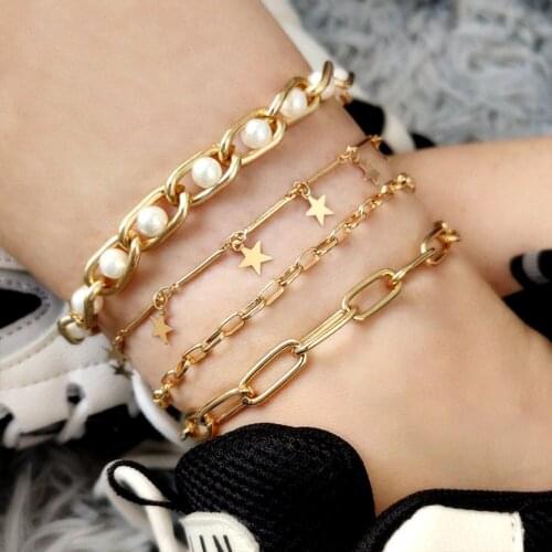 JUST FEEL Multilayer Metal Star Anklets Bracelet for Women Trend Pearl Beads Link Chain Anklet Summer Beach Sandals Foot Jewelry