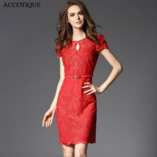High Quality New Summer Womens Embroidery Solid Red Party Dress Female Elegant O-Neck Short Sleeve Slim Short Dresses With Belt