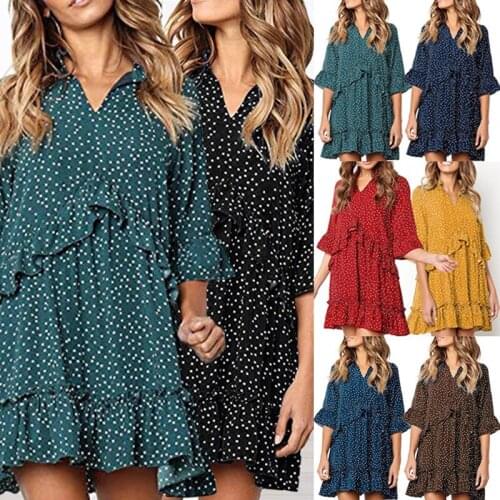 Fashion Summer Chiffon Dress For Women Polka Dot Dress Sexy V-neck Loose Mini Party Dress Half Sleeve Ruffles Boho Red Dress