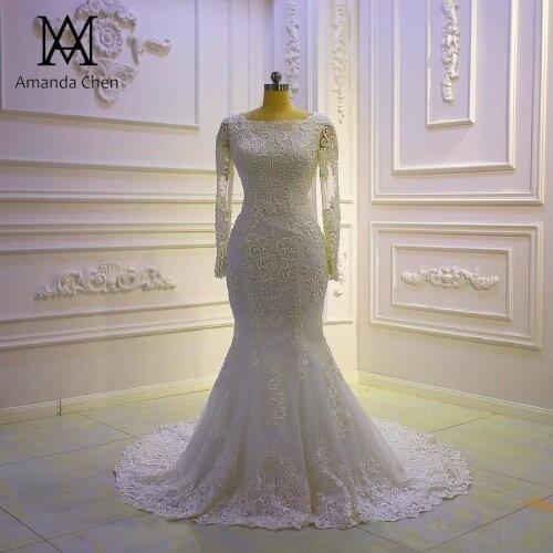 Arabic Long Sleeve Lace Applique Beading Mermaid Muslim Wedding Dress