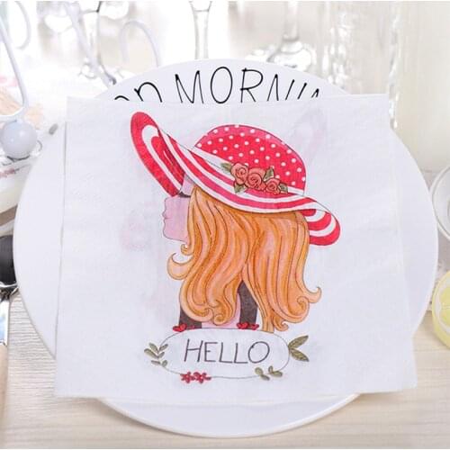 20Pcs/Pack Printed Girl in A Hat Decoupage Table Paper Napkins Pattern Disposable Napkin Paper Tissue for Party Supplies