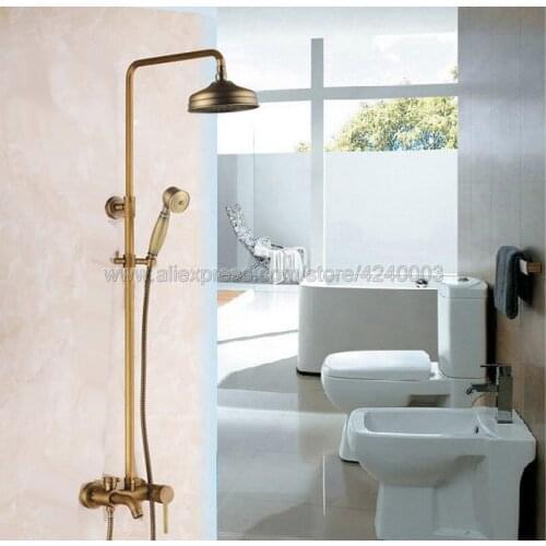 Antique Brass 8" Rainfall Round Showerhead Bathroom Shower Mixer Taps Wall Mount Tub Shower Faucet with Handshower Krs184