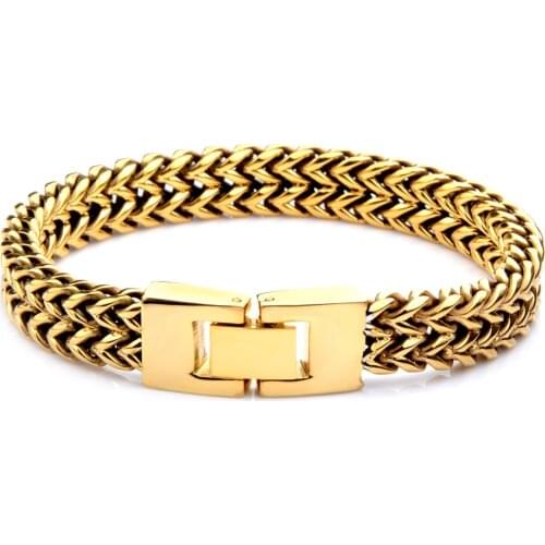 Magnetic Clasp Stainless Steel Bracelets Gold Color 11.5MM Width Two Curb Chain Leisure Fashion And Simple Bangles For Men