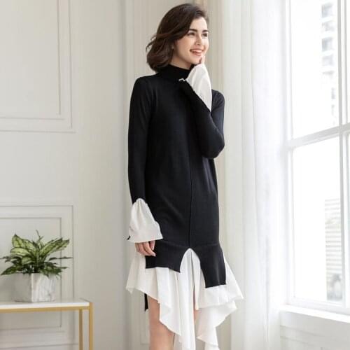 Black Knitting Dress Female Flare Long Sleeve Turtleneck Patchwork Ruffle Hem WomenS Asymmetric Dresses 2019 Autumn New AA5214
