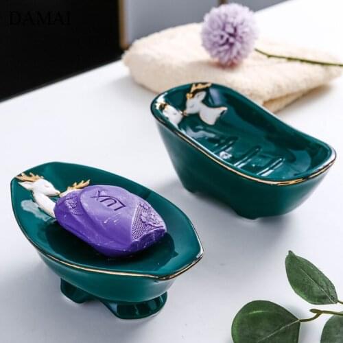 Nordic Modern Deer Decorative Soap Holder Ceramic Golden Stroke Soaps Dish Hotel Restroom Soap Box Household Bathroom Decoration