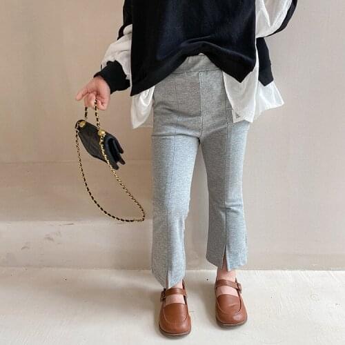 8956 Children Clothes Girl Flared Pants Autumn 2021 Korean Solid Color Plaid Pants Girls' Baby Split Micro Flared Pants Trousers