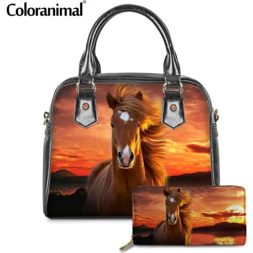 Coloranimal Brand Design Marvellous Horses in The Sunset 3D Print Handbags for Women 2Pcs Leather Handle Bag Tote Crossbody Bag