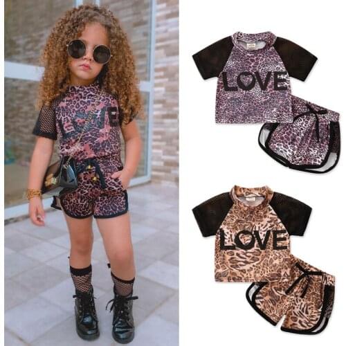 FOCUSNORM Summer 0-5Y Fashion Kids Girls Clothes Sets Letter Leopard Printed Short Sleeve T Shirts Tops Shorts 2pcs