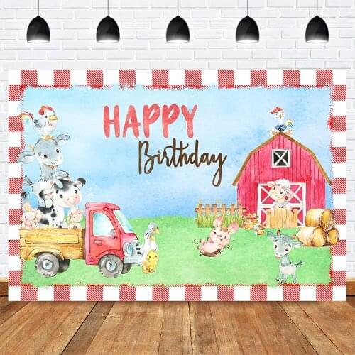 Spring Farm Theme Happy Birthday Backdrop for Photography Watercolor Style Animals Birthday Party Background Red Truck Warehouse