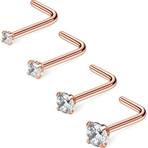 JFORYOU 22G 1.5mm 2mm 2.5mm 3mm Round CZ Nose L Shaped Studs Rings Piercing Jewelry 4PCS