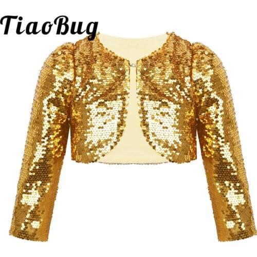 Fashion Kids Girls Shiny Sequins Flower Girls Dress Shrug Wrap Long Sleeve Cropped Blazer Bolero Shrug Cardigan Top Short Jacket