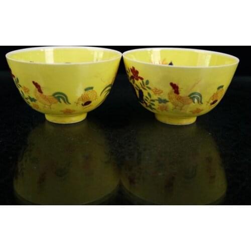 A pair Chinese Ceramics Doucai Porcelain Chinaware Chicken Family Portraits glass