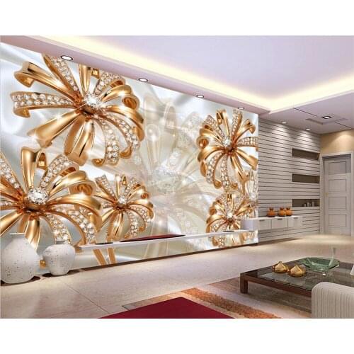Custom wallpaper gold diamond flowers jewelry mural simple living room abstract wood background wall 3d wallpaper tapety
