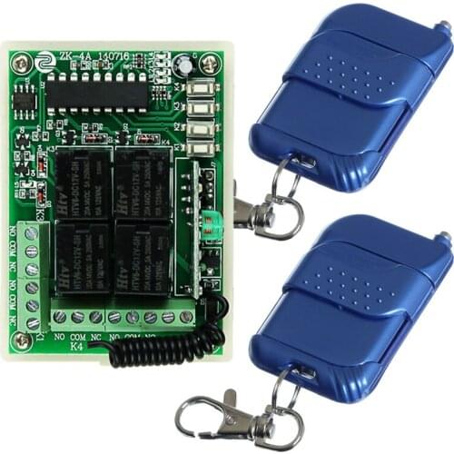 DC12V 4CH Independent RF Wireless Remote Control Light Switch System + 2Pcs Blue 4-Button ABCD Symbol Transmitters