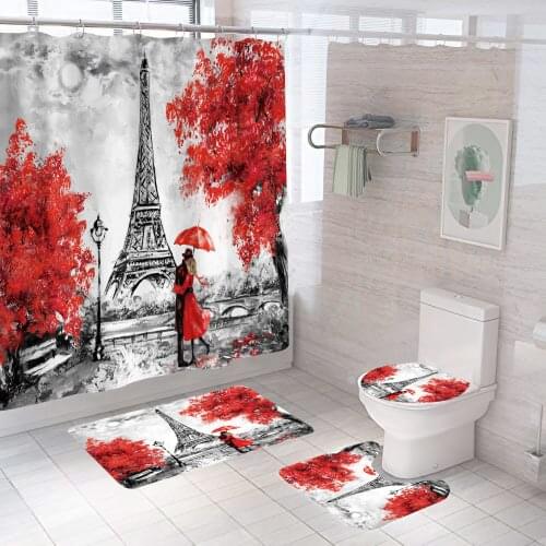 Eiffel Tower Romantic Red Tree Lover Shower Curtains Bathroom Decoration Landscape Bath Mats Non-Slip Carpet Toilet Lid Cover