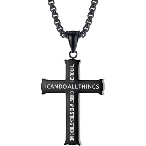 N1594 Silver/ Gold/ Black Philippines 4:13 Cross Pendant Strength Bible Verse Stainless Steel Necklace Charms 3mm 24 Inch chain