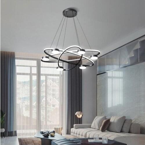 Modern Pendant Lights Black Aluminum 6-Heads 3-Turns Linear Wire Hanging Fixed Lighting For Living Dining Room Lustre Ring Lamps