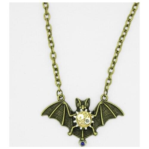 Retro Vintage Accessories Steampunk Gear Bat Pendant Necklace Handmade Unique Jewelry