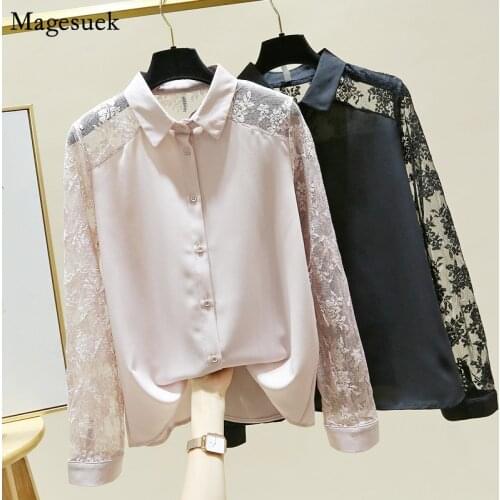 Vintage Lace Stitching Chiffon Shirt New Fashion Elegant Blouses Women Casual Hollow Out Long Sleeve Pink Button Up Tops 11923