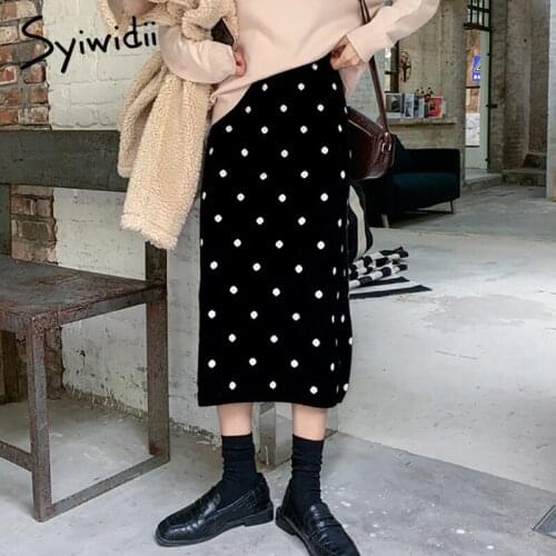 Syiwidii Polka Dot Knit Skirts for Women Elastic High Waist Fall Winter 2021 New Back Slit A Line Casual Midi Skirt Black Coffee