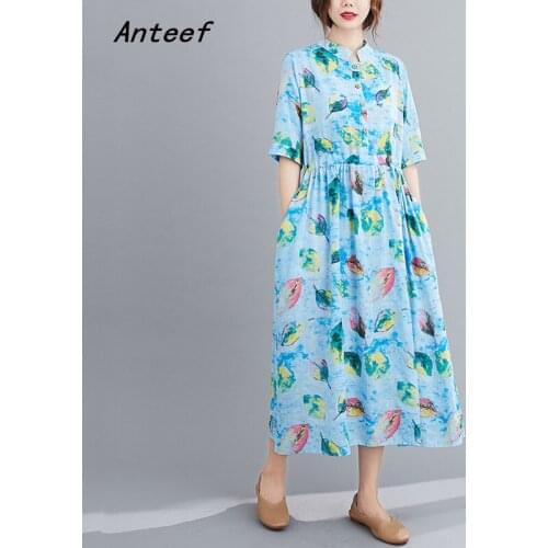 Short sleeve cotton vintage floral dresses for women casual loose long woman summer dress elegant clothes 2021