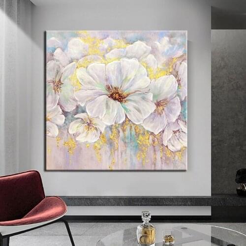 100% Handpainted Oil Painting Abstract White Flowers Wall Pictures On Canvas Wall Art For Living Room Home Decor No Framed