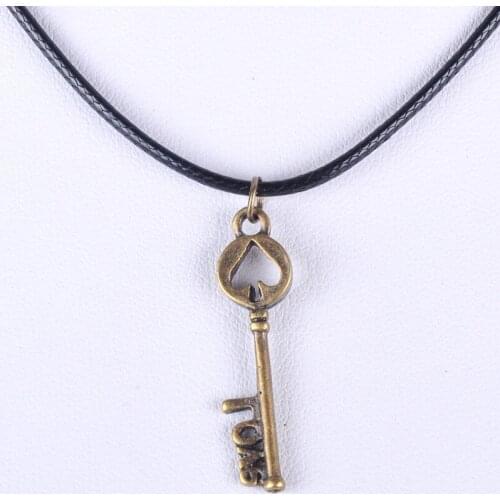 31*8MM Vintage bronze handmad love poker spade key pendant necklace women wax cord rope necklace jewelry fashion alloy jewellery