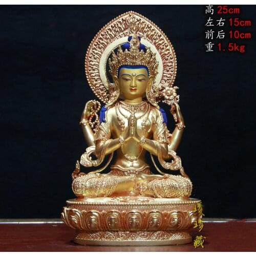 Buddhism Nepal Tibet temple HOME high grade gilded copper Four-armed Avalokitesvara GUAN YIN Buddha statue safe health good luck