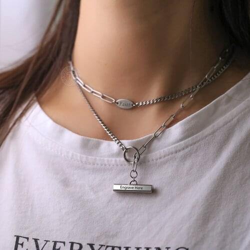 Personalized Bar Pendant Necklace For Women Men Stainless Steel Paperclip Cuban Link Chain Jewelry Gifts Wholesale LTNS032