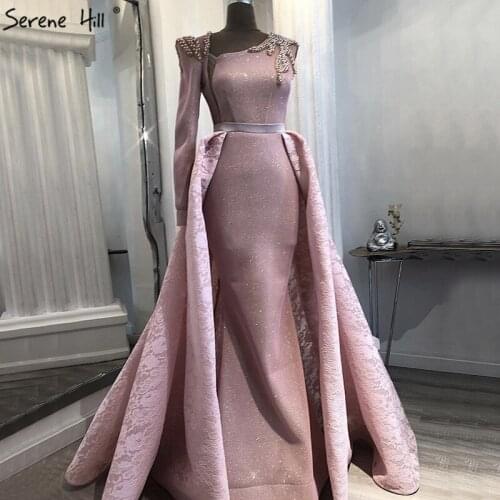 DuBai Design Pink One Shoulder Evening Dresses Vintage Pearls Mermaid Sexy Gowns 2020 Real Photo LA60929