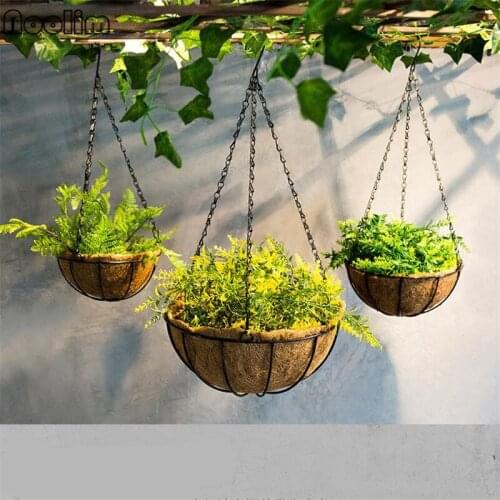 Creative Coir Woven Basket Iron Frame Flower Pot Living Room Balcony Decor Ornament Hanging Flowerpot Green Plants Container