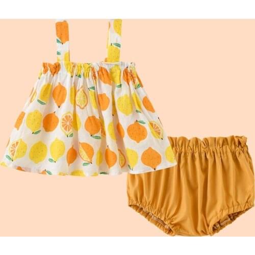 Summer Baby Girl Outfit Baby Girl Clothes Sets 2 Pcs Sets Lemon Pront Strap Girls Desses+Briefs Cute Newborn Baby Clothing 0-24M