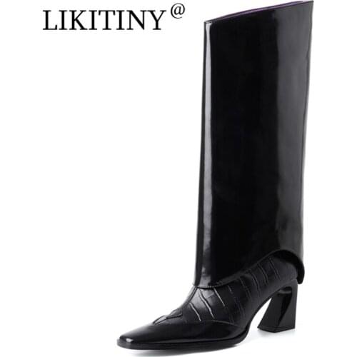 LIKITINY 2021 Spring Autumn Fashion Strange Style Heels Slip on Womens shoes Sexy Black Genuine leather Knee high boots