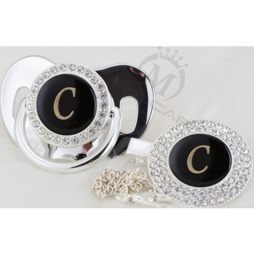 MIYOCAR Gold name black Initials letter C lovely bling pacifier and pacifier clip set BPA free dummy bling unique design LC-W