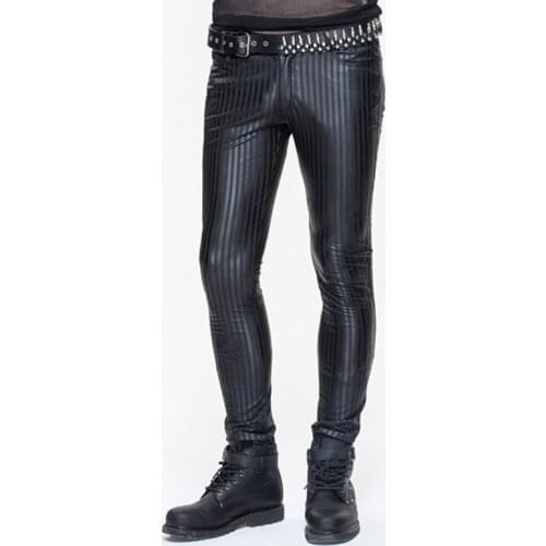 Devil Fashion Spring New Steampunk Men Casual Leather Pants Men High Waist Black Striped Trousers Men Slim Fit