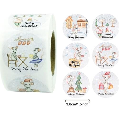 500pcs/roll Cute Merry Christmas Round Mouse Stickers 3.8cm for Gift Sealing Decoration Label Scrapbooking Stationery Stickers