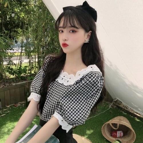 Simple Ropa Summer High Street Female Shirts Women Plaid Mujer De Moda Korean Style Hipster Lace Fashion Sweet Preppy Students