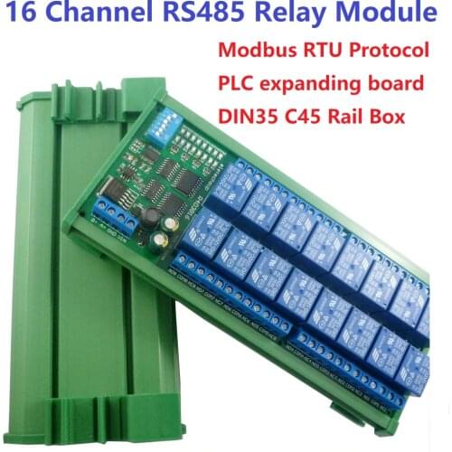 DC 12V DIN35 C45 Rail Box 16 Channel RS485 Relay Module Modbus RTU UART Control Switch Board for PLC PTZ Camera Motor LED