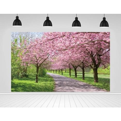 Scopiso Spring Landscape Scenic Photophone Pink Blooming Trees Grassland Pathway Photography Backdrops Photo Backgrounds Props