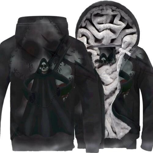 2021Hoody Men skull Print Hoodie Winter Thick Fleece Hooded Zipper Hoodie Coat Sportwear Streetwear Support DIY Print plus size