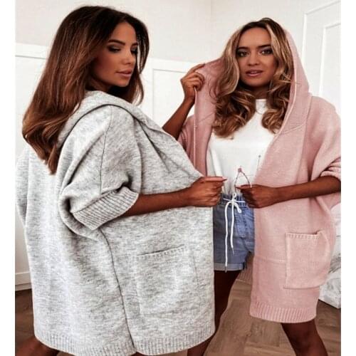 Lugentolo Half Sleeve Knitted Cardigans Fall Fashion Hooded Sweaters Loose Streetwear Solid Long Cardigan for Women