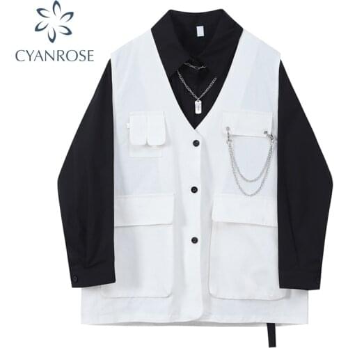 Gothic Punk Blouses Women Streetwear 2021 Spring Korean Fashion Solid Clothes Long Sleeve Pocket Oversized Goth Shirt With Chain