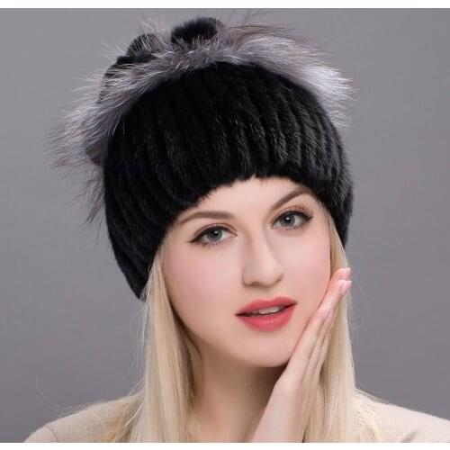 Womens Winter Mink Fur Hat Pure Knit Water Silver Silver Fox Fur Hat Female Russia Warm Hat Ladies Suede Hat DHY17-03