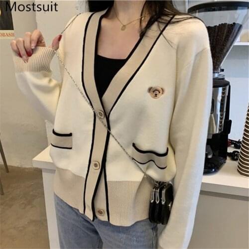 Bear Embroidered Knitted Cardigan Women V-neck Full Sleeve Single-breasted Sweater Color-blocked Vintage Ladies Jumpers Tops