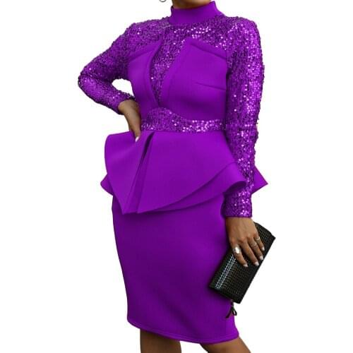 2021 Purple Sequined Ruffled Dress Elegent Party Club Women Solid Autumn Long Sleeve Plus Size Knee-length Dress Low Waist XXL