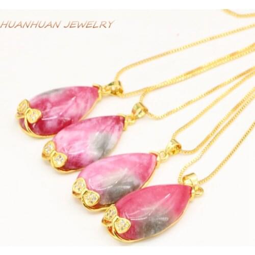 16x30mm Water Drop Stone Pendant For Women Natural Jades Chalcedony Gold-Color Stainless Steel Chain Necklace & Pendants B3337