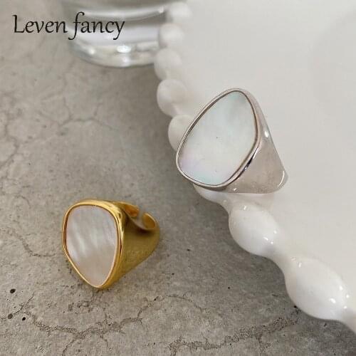 925 Sterling Silver Open Ring Mother of Pearl Shell Charm Gold Ring Resizable Irregular Open Cuff Rings for Women Party Jewelry