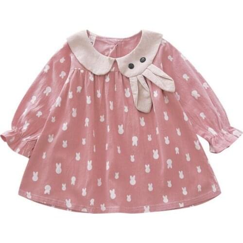 Autumn Casual Baby Girls Cartoo Print Long Sleeve Rabbit Ear Design Dress Kids Toddler Sundress New Arrival